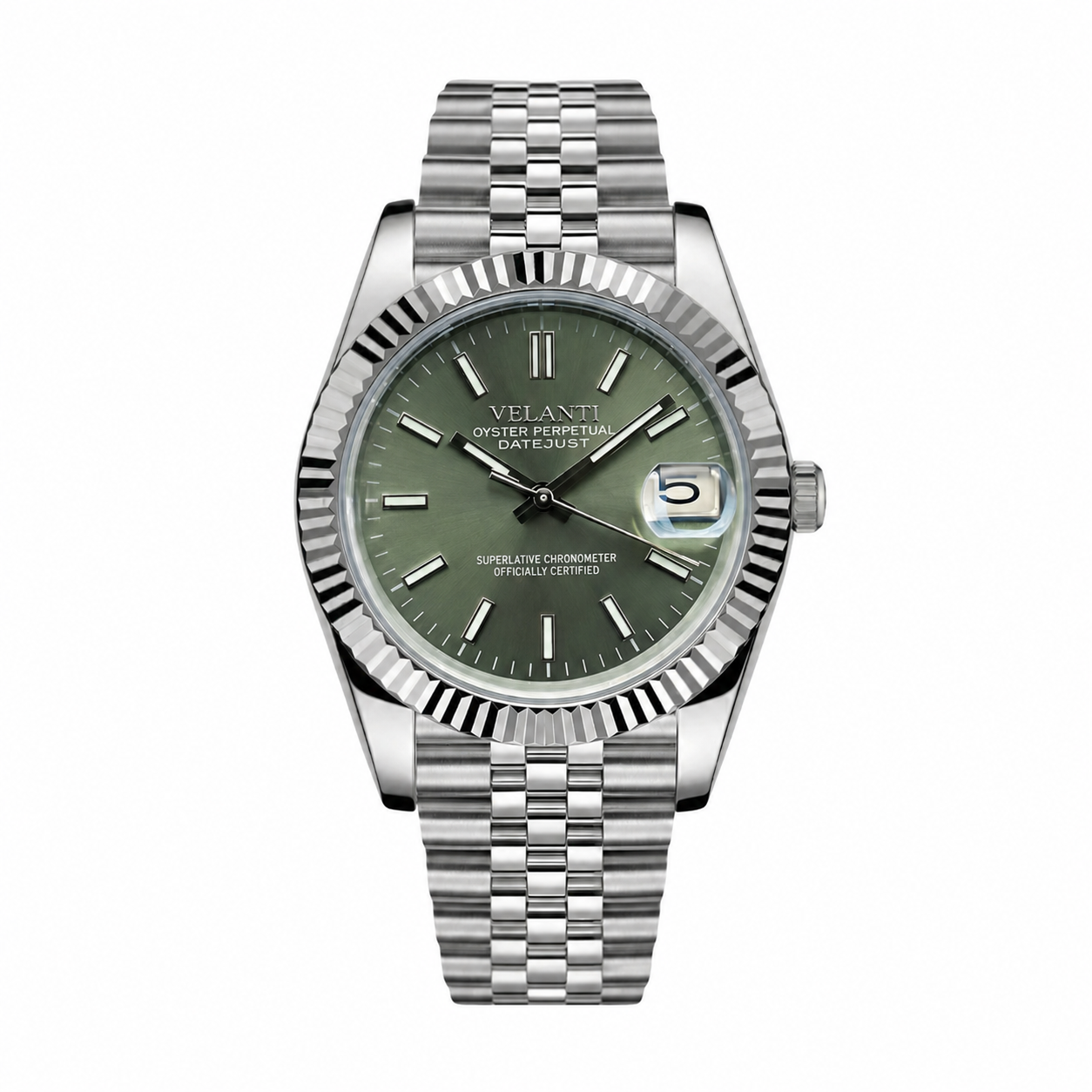 Datejust-style custom mod watch, Velanti Milano Veljust Mint Green, main product photo