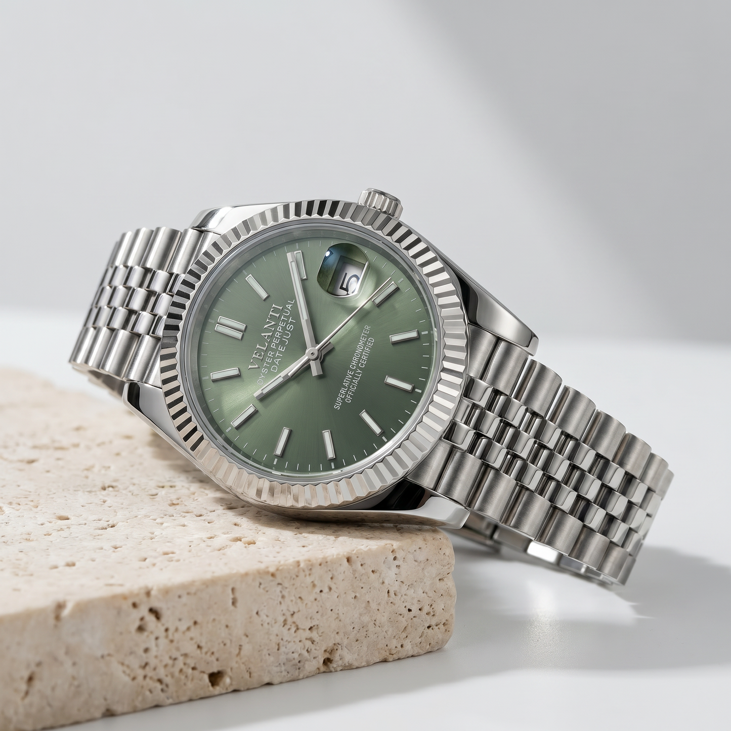 Datejust-style custom mod watch, Velanti Milano Veljust Mint Green, product photo 2