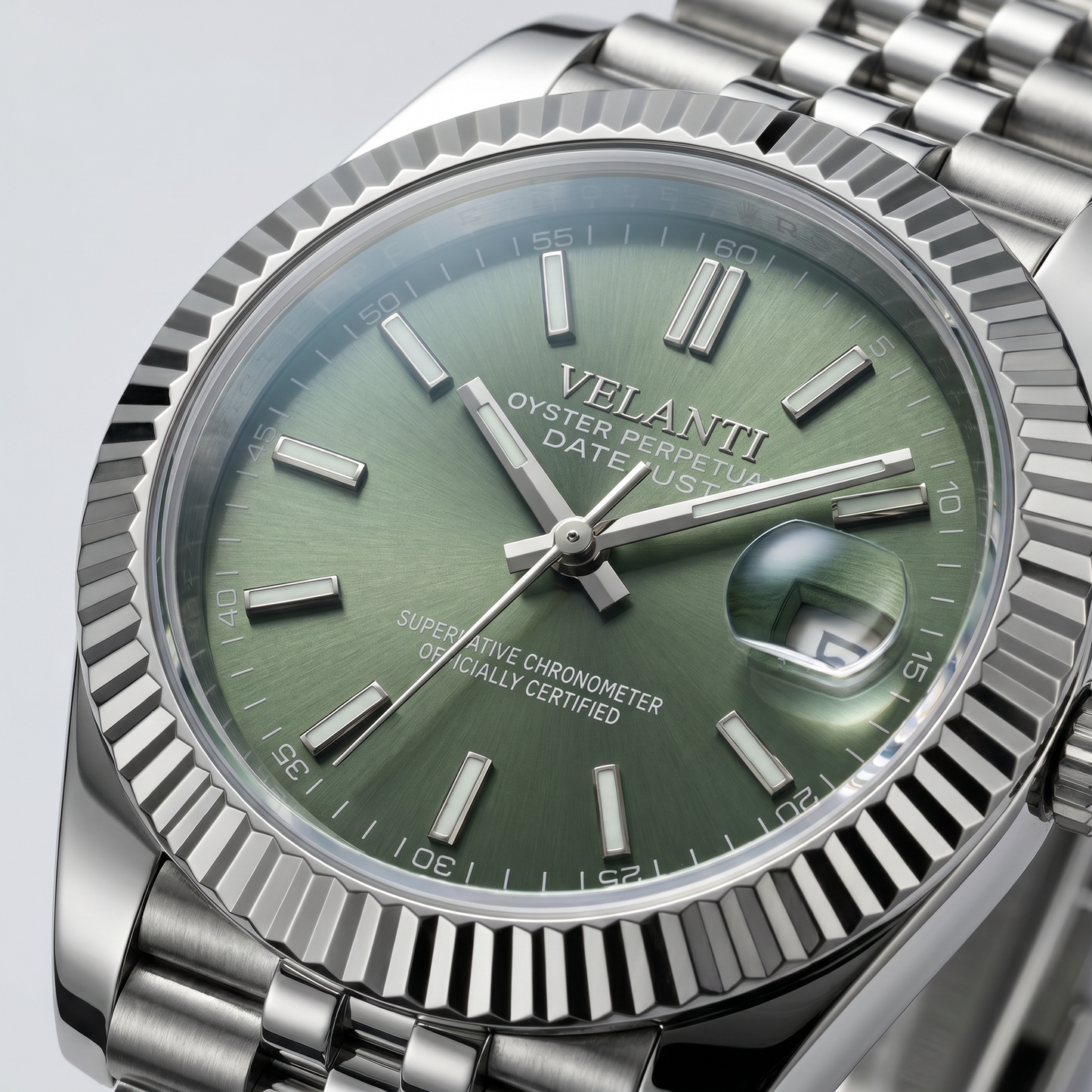 Datejust-style custom mod watch, Velanti Milano Veljust Mint Green, product photo 3