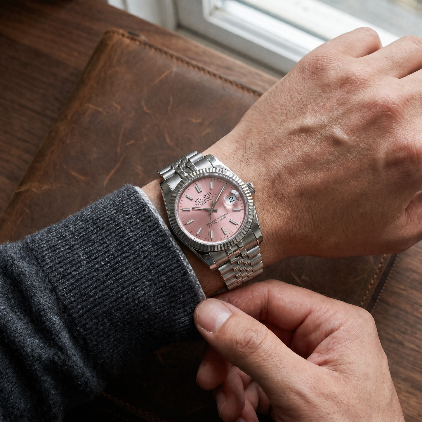 Datejust-style custom mod watch, Velanti Milano Veljust Pink worn on wrist photo 5