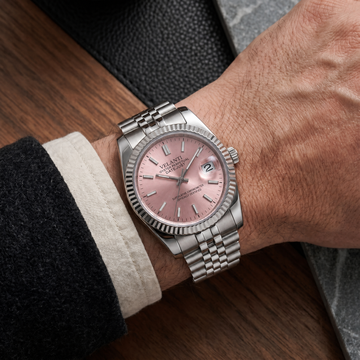 Datejust-style custom mod watch, Velanti Milano Veljust Pink worn on wrist photo 7