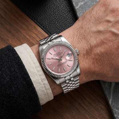 Datejust-style custom mod watch, Velanti Milano Veljust Pink worn on wrist photo 7