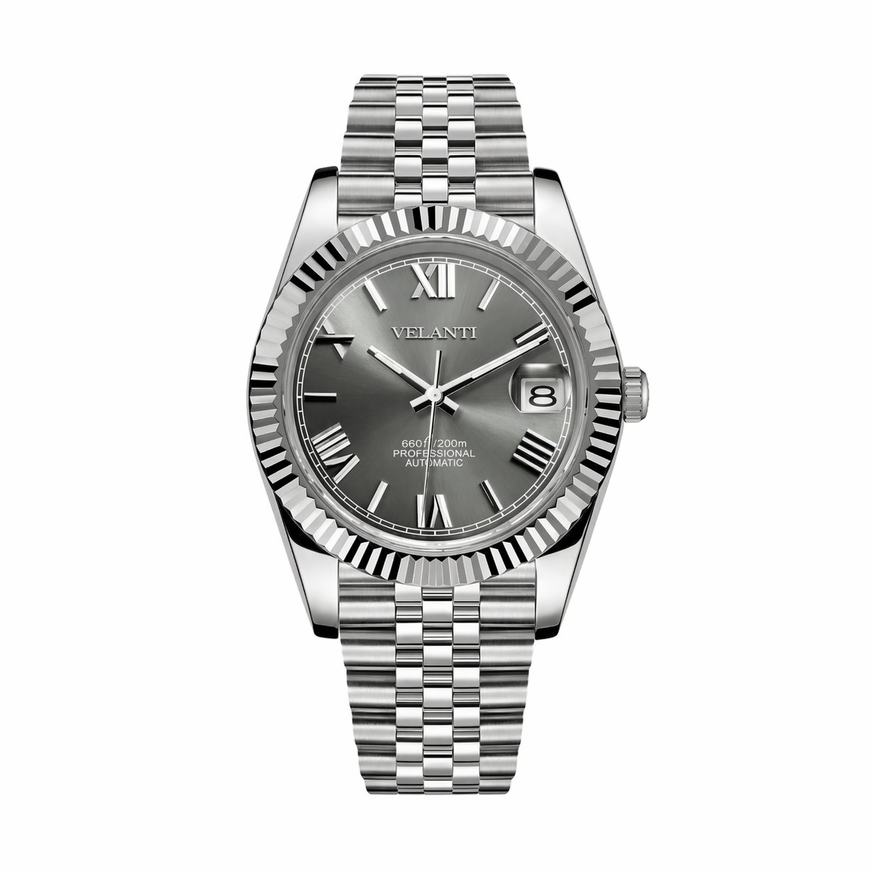 Datejust-style custom mod watch, Velanti Milano Veljust Roman Champagne, main product photo