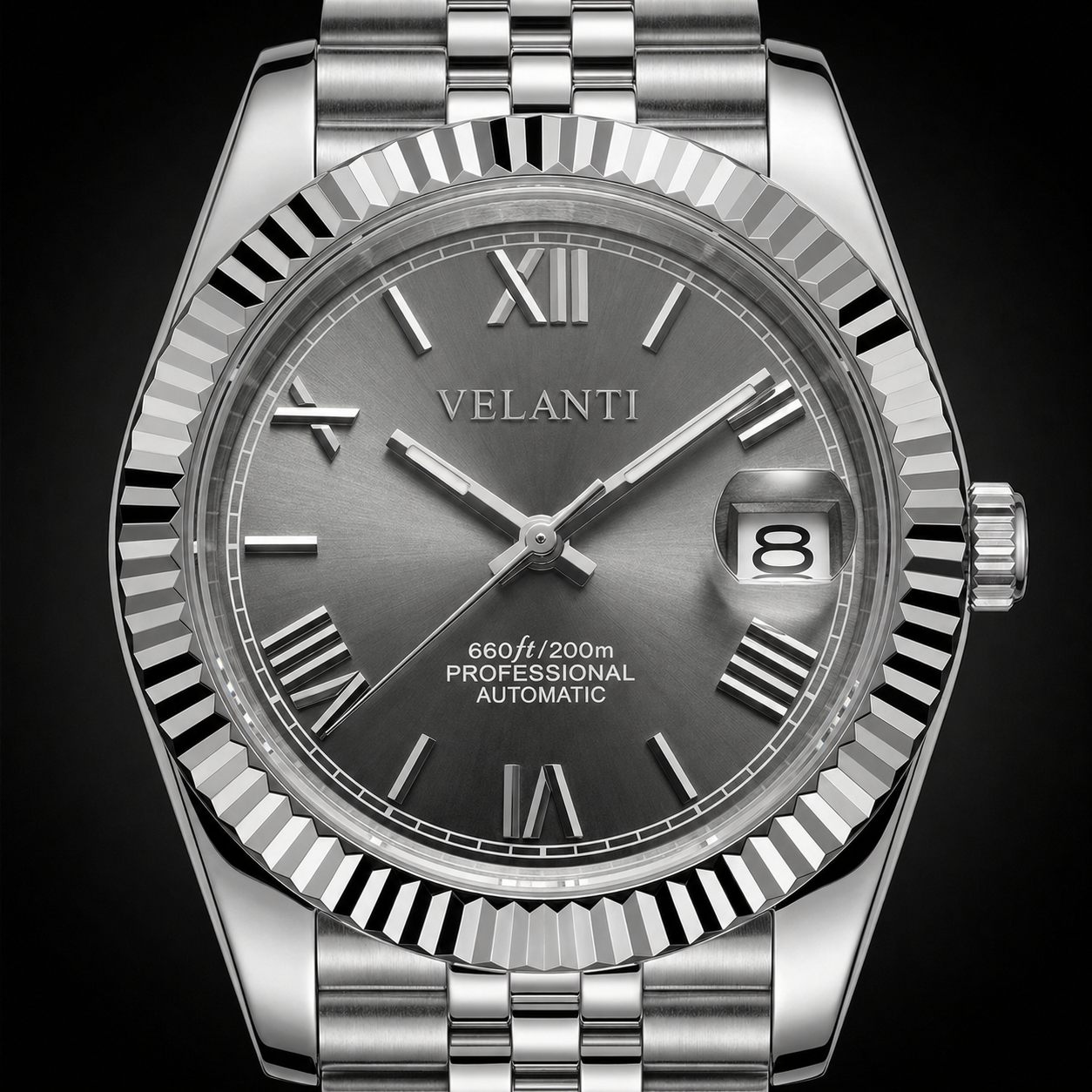 Datejust-style custom mod watch, Velanti Milano Veljust Roman Champagne, product photo 3