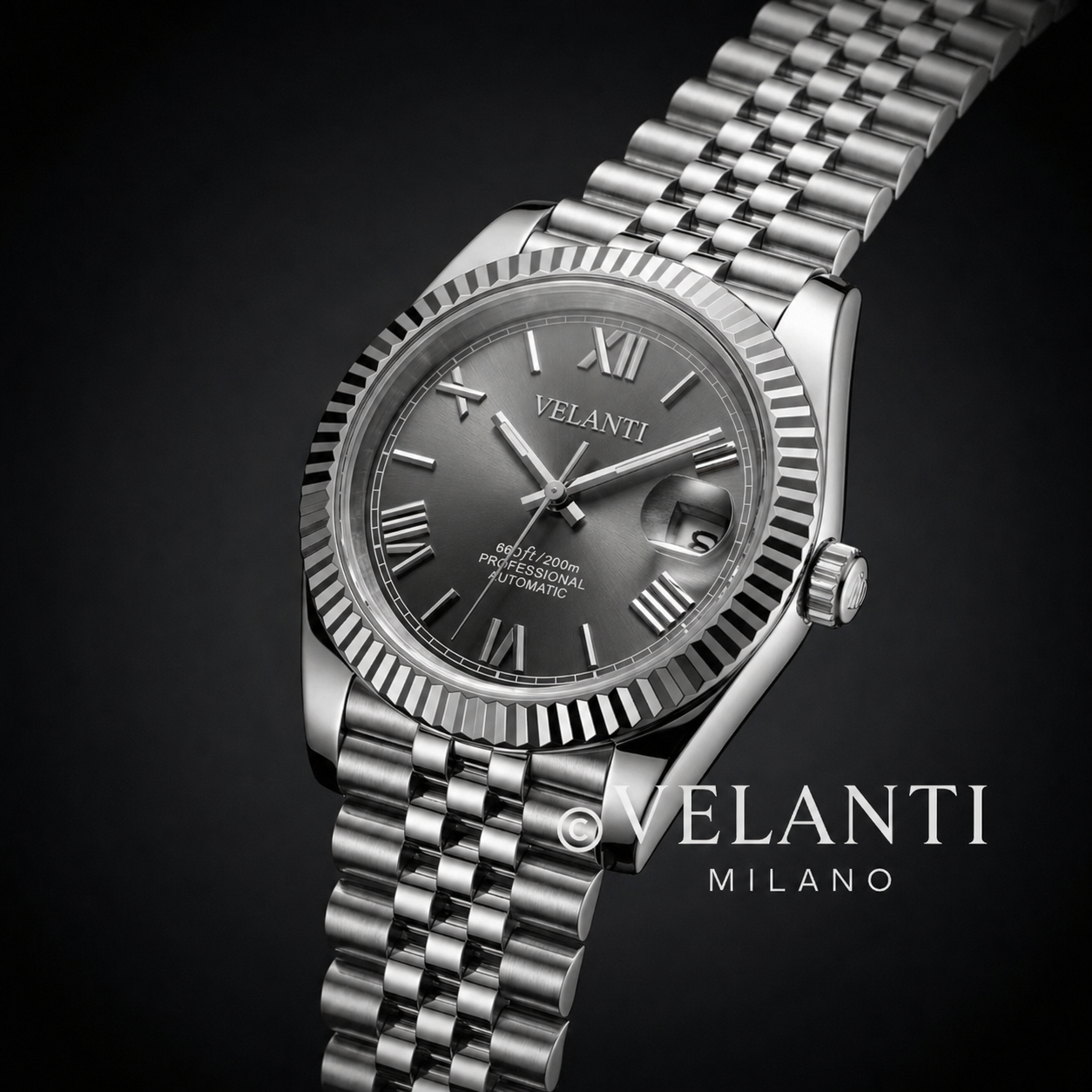 Datejust-style custom mod watch, Velanti Milano Veljust Roman Champagne, product photo 4