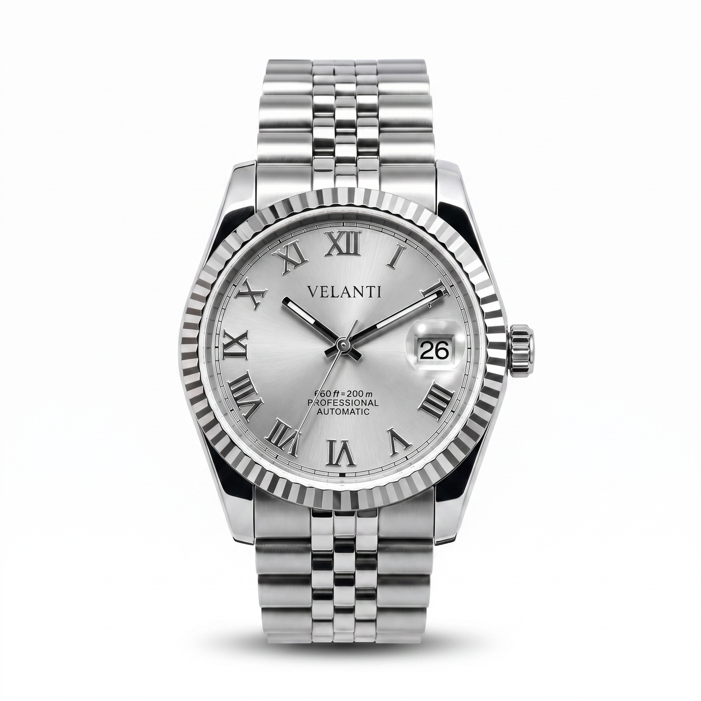 Datejust-style custom mod watch, Velanti Milano Veljust Roman Silver, main product photo