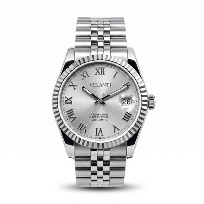 Datejust-style custom mod watch, Velanti Milano Veljust Roman Silver, main product photo