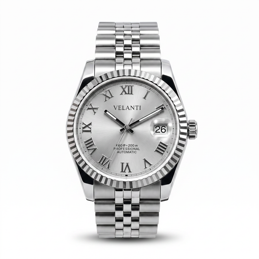 Datejust-style custom mod watch, Velanti Milano Veljust Roman Silver, main product photo