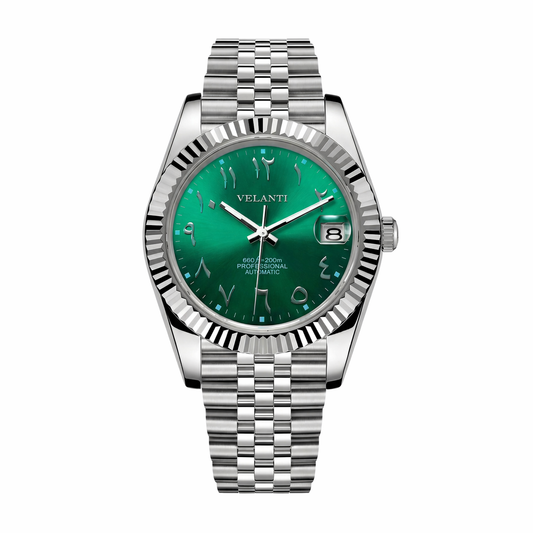 Datejust-style custom mod watch, Velanti Milano Veljust Royal Green Arabic, main product photo