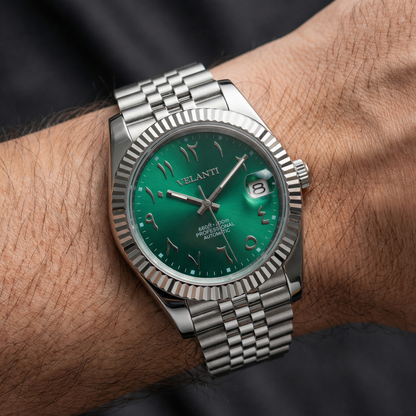 Datejust-style custom mod watch, Velanti Milano Veljust Royal Green Arabic, product photo 2