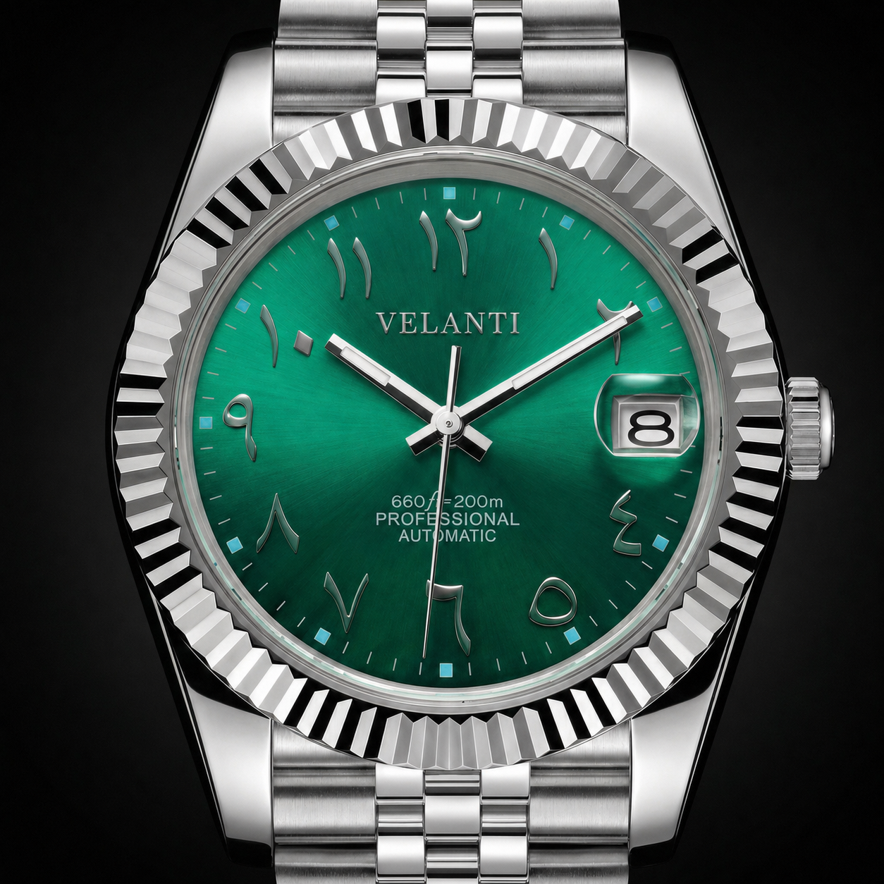 Datejust-style custom mod watch, Velanti Milano Veljust Royal Green Arabic, product photo 3