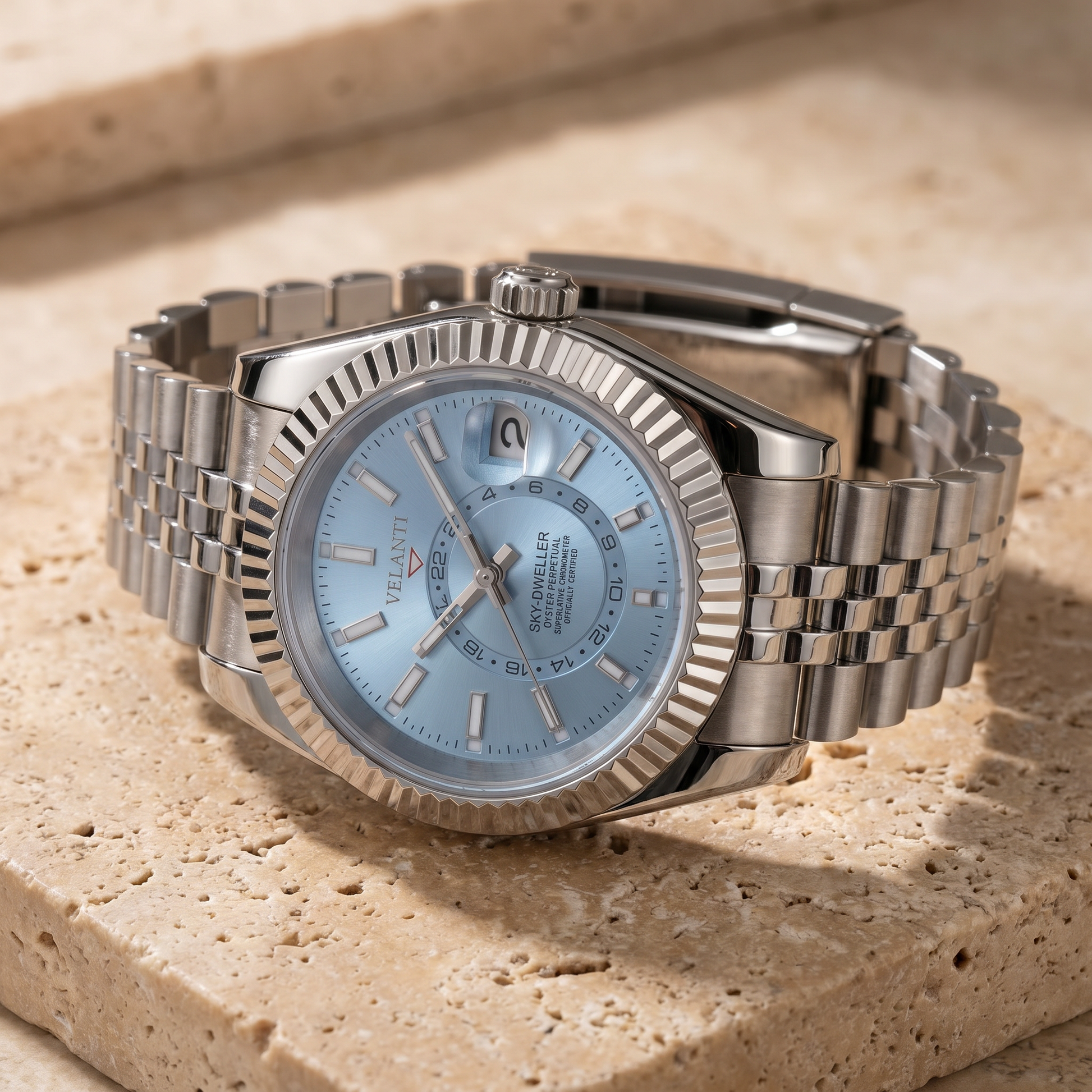 Datejust-style custom mod watch, Velanti Milano Veljust Sky Dweller Ice Blue, product photo 3