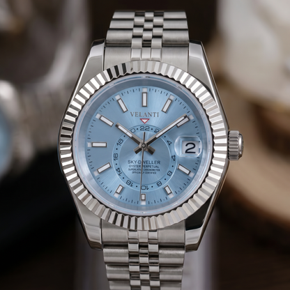 Datejust-style custom mod watch, Velanti Milano Veljust Sky Dweller Ice Blue, product photo 2
