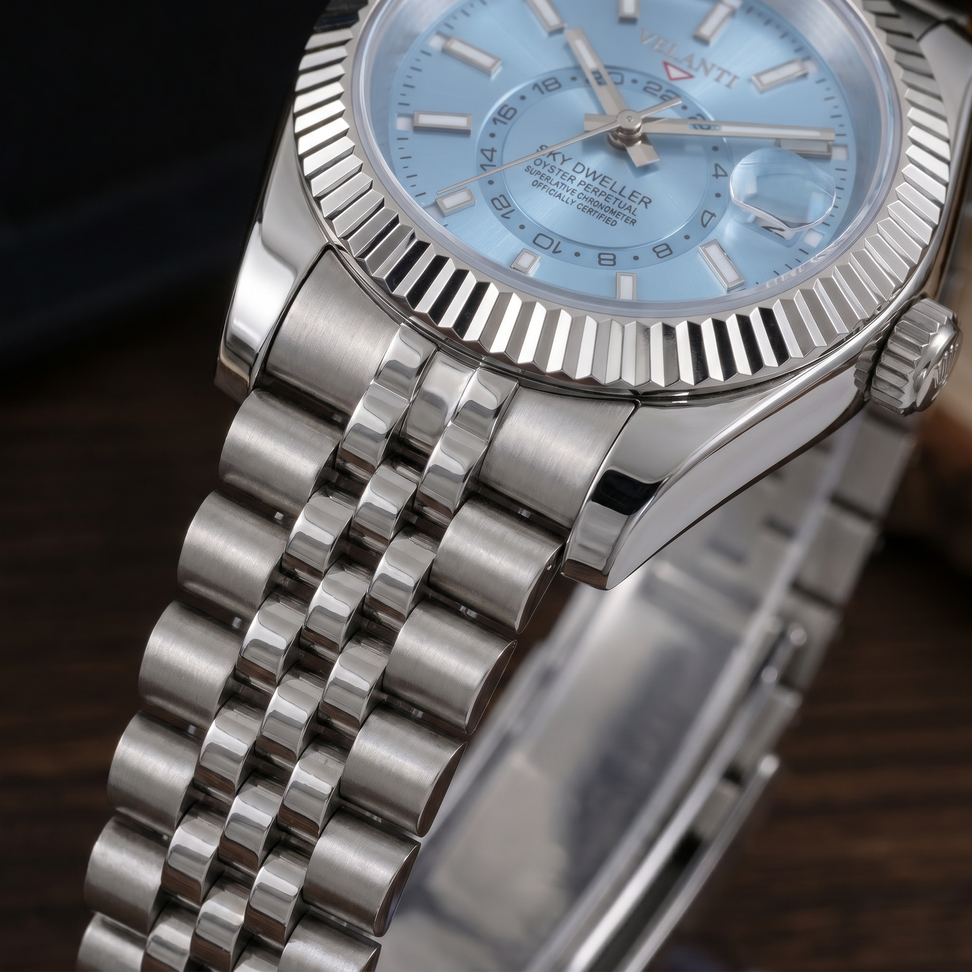 Datejust-style custom mod watch, Velanti Milano Veljust Sky Dweller Ice Blue, product photo 4