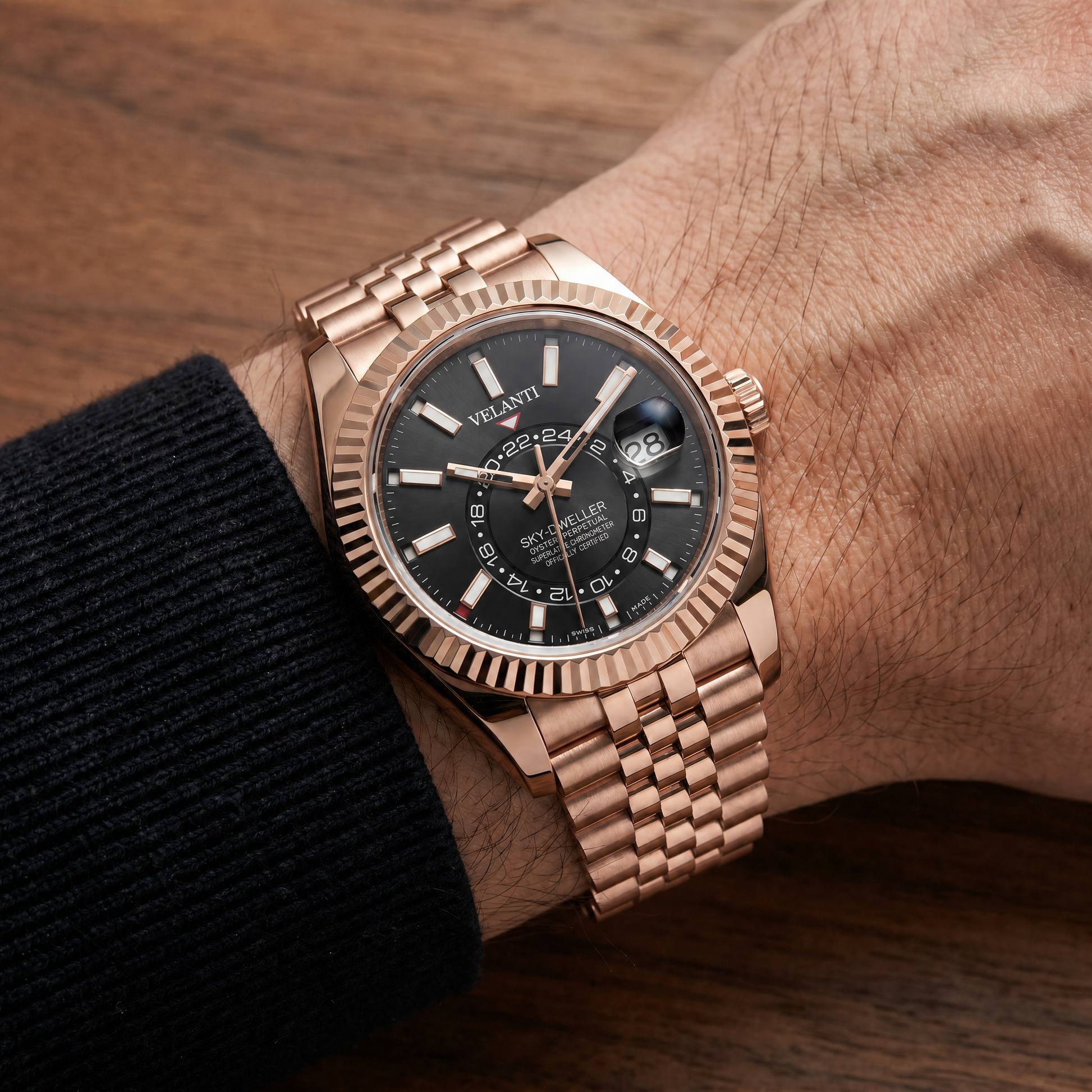 Datejust-style custom mod watch, Velanti Milano Veljust Sky Dweller Rose Gold worn on wrist