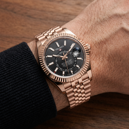 Datejust-style custom mod watch, Velanti Milano Veljust Sky Dweller Rose Gold worn on wrist