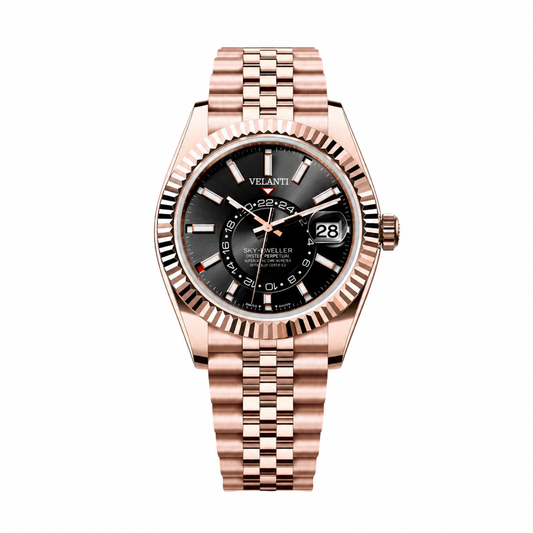 Datejust-style custom mod watch, Velanti Milano Veljust Sky Dweller Rose Gold, main product photo