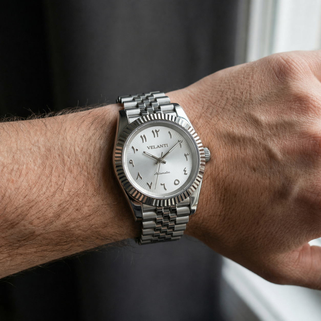 Datejust-style custom mod watch, Velanti Milano Veljust White Arabic Textured, product photo 3