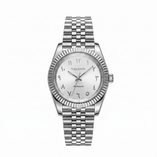 Datejust-style custom mod watch, Velanti Milano Veljust White Arabic Textured, main product photo