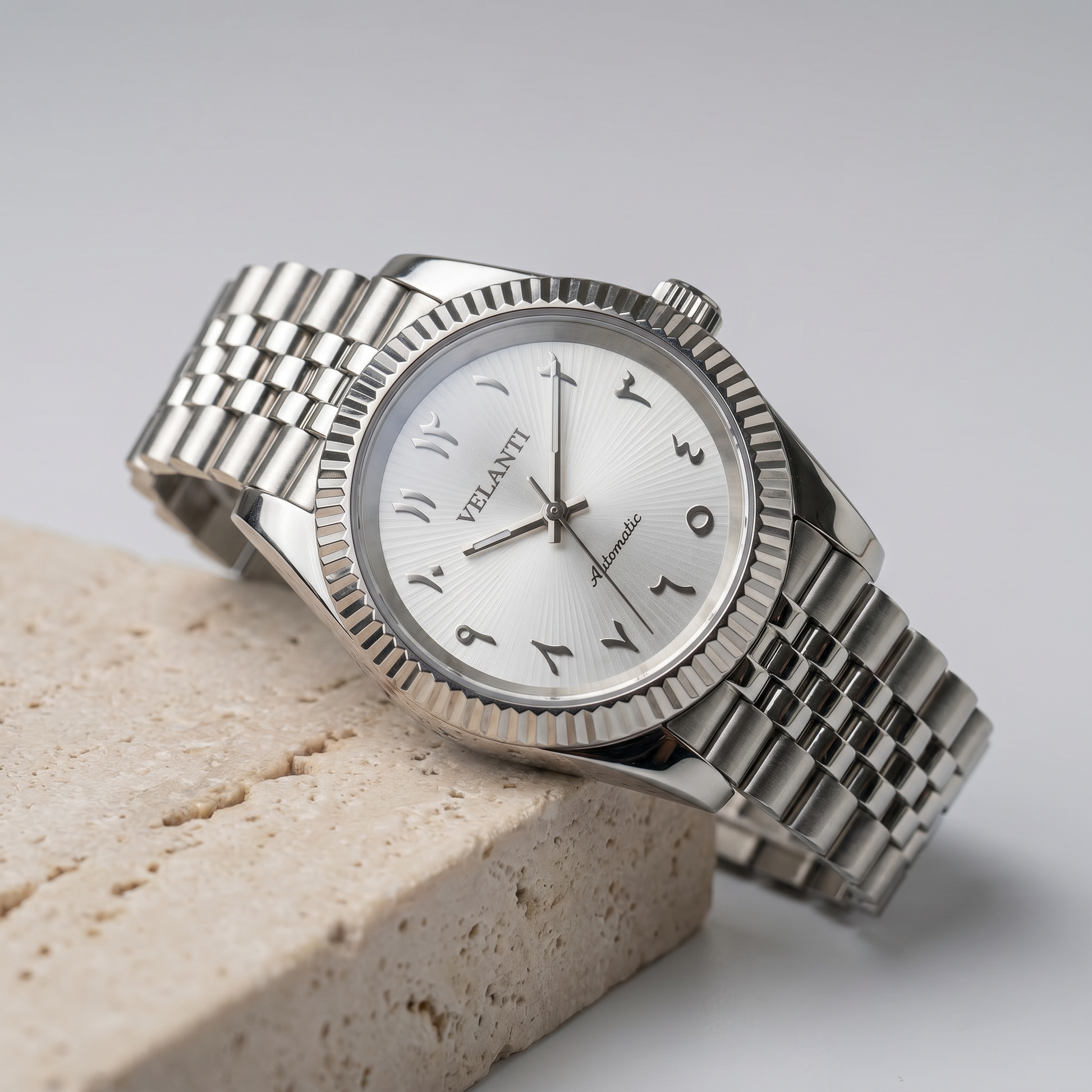 Datejust-style custom mod watch, Velanti Milano Veljust White Arabic Textured, product photo 2