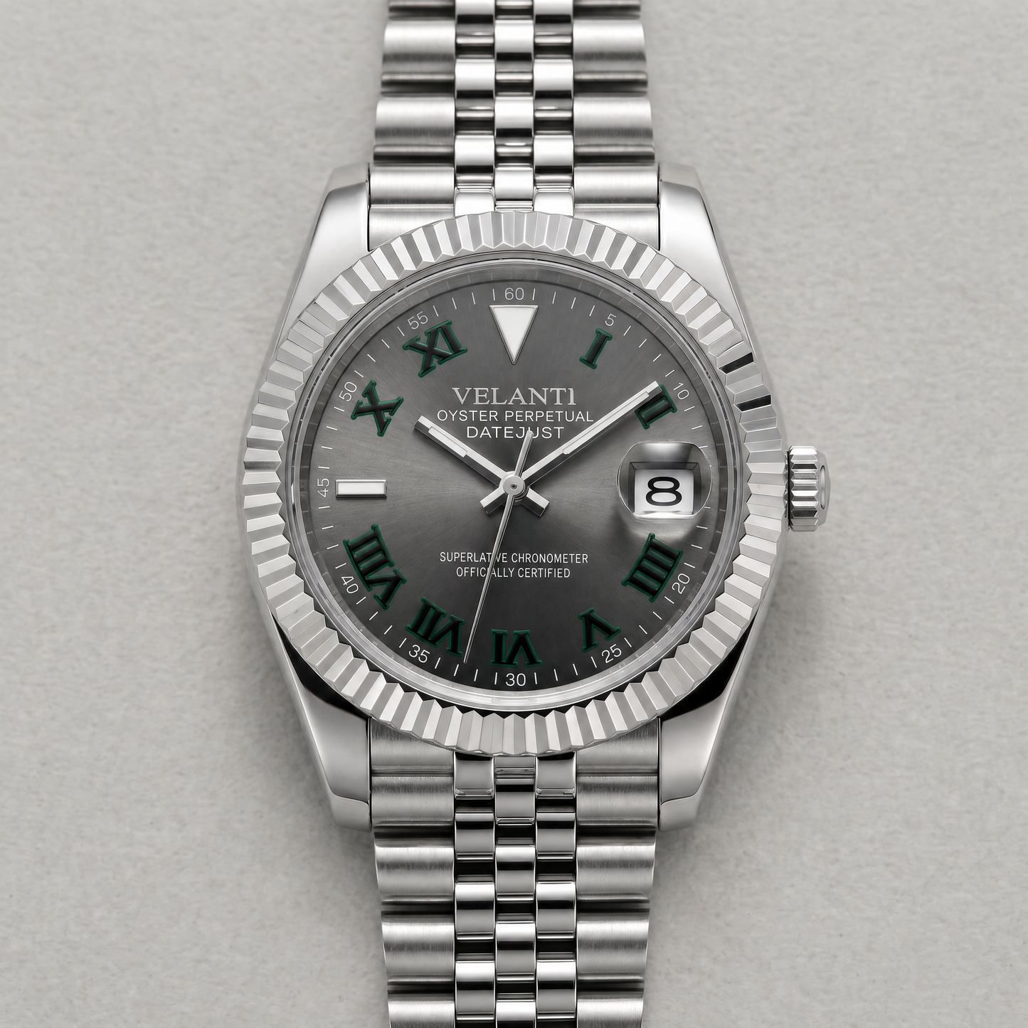 Datejust-style custom automatic watch, Velanti Milano Veljust Wimbledon, watch detail photo 8