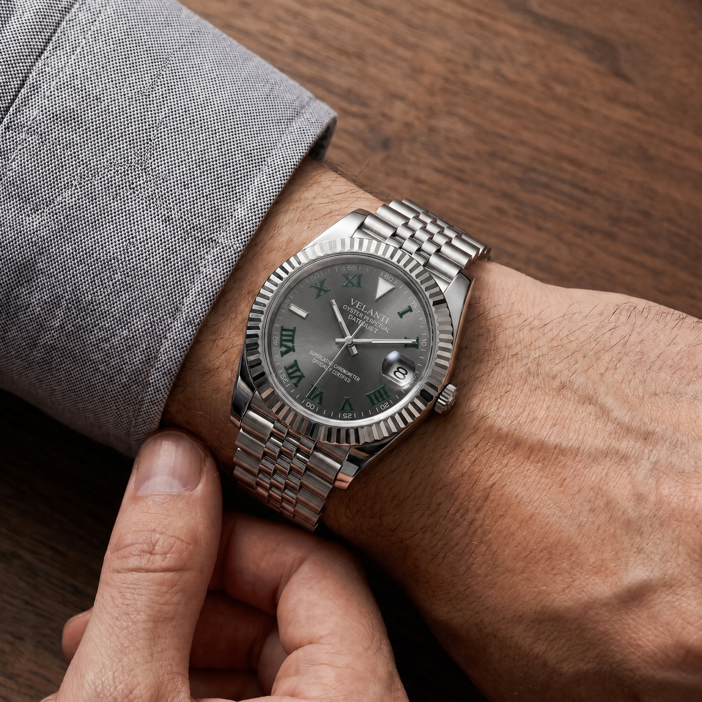 Datejust-style custom mod watch, Velanti Milano Veljust Wimbledon worn on wrist photo 9