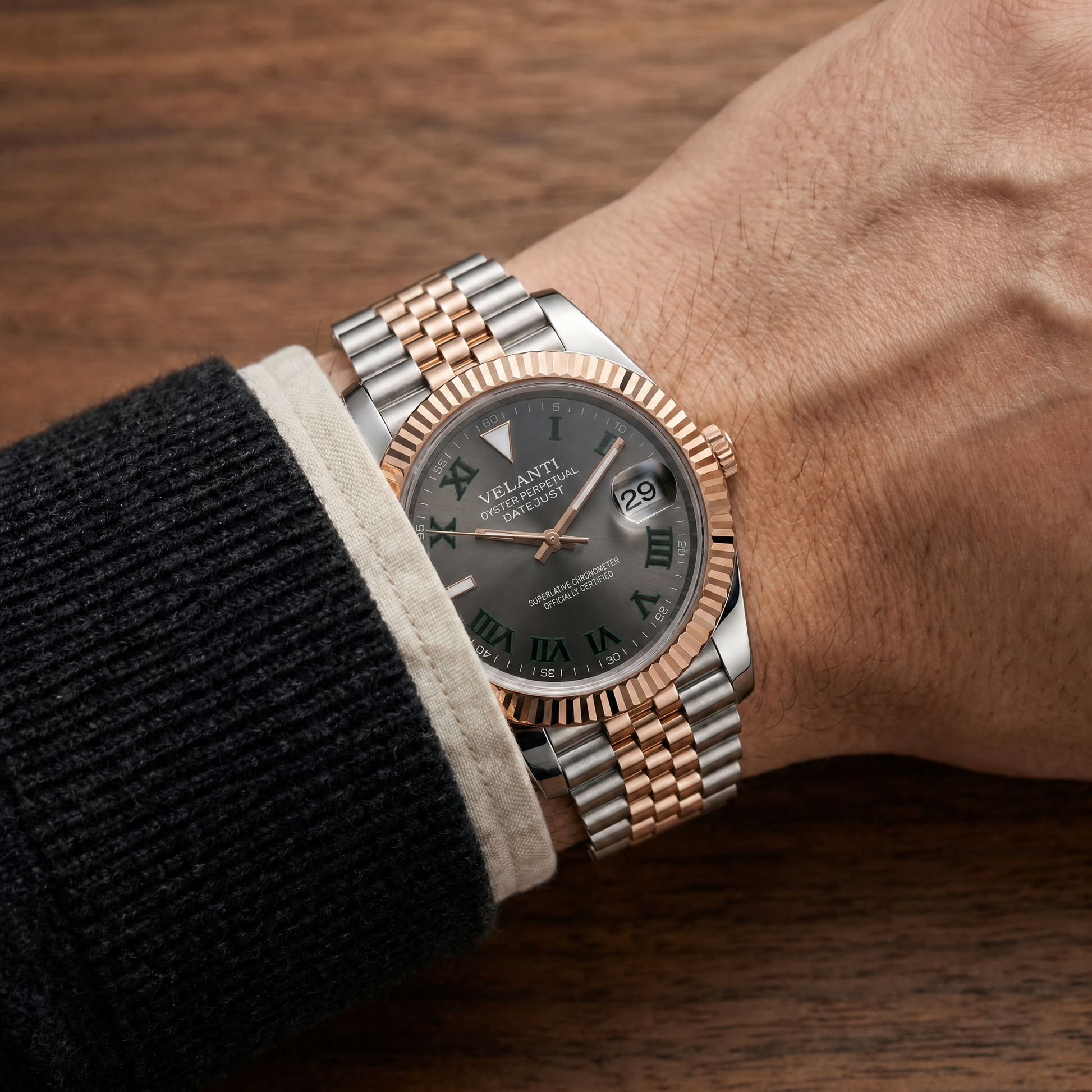 Datejust-style custom mod watch, Velanti Milano Veljust Wimbledon Two Tone, product photo 3