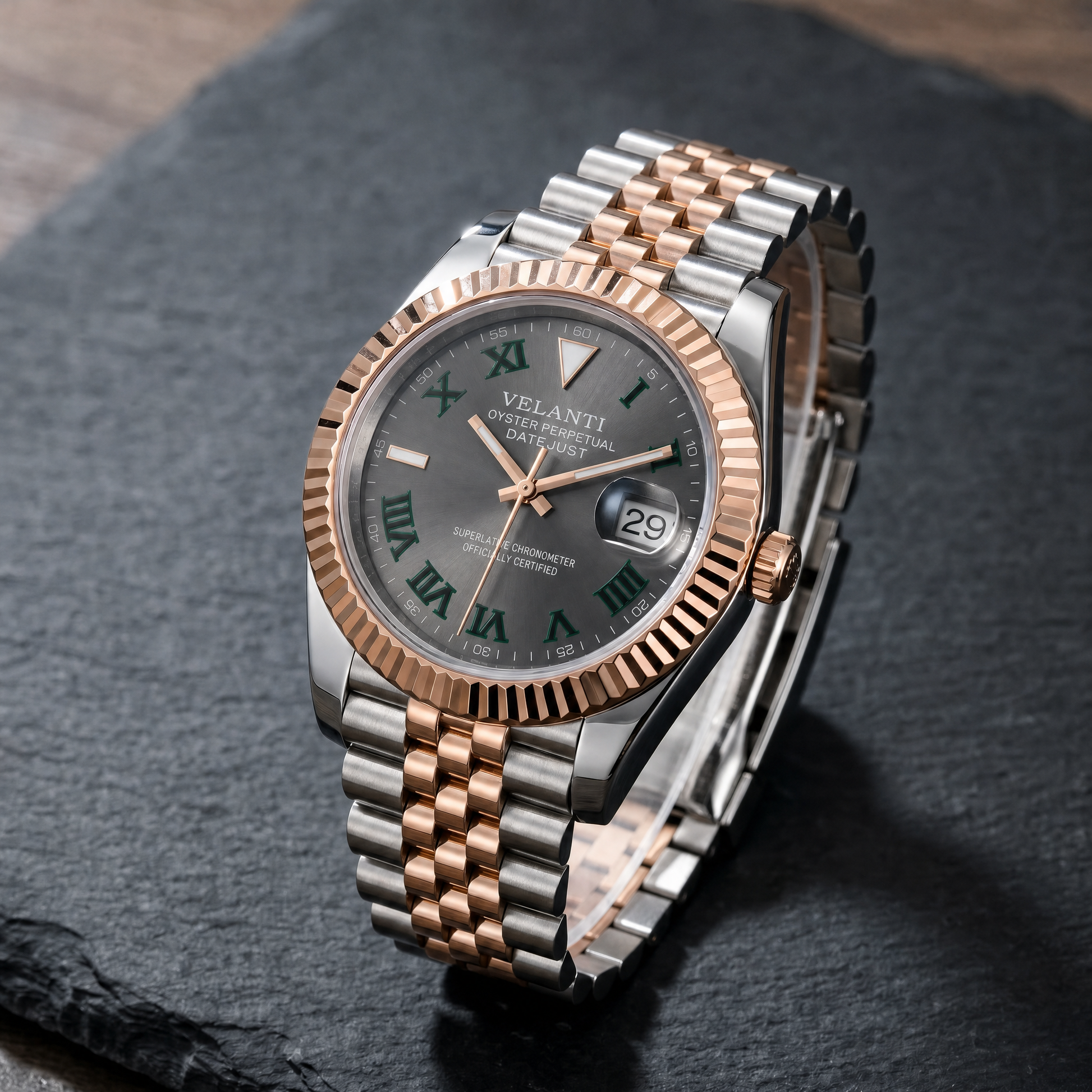 Datejust-style custom automatic watch, Velanti Milano Veljust Wimbledon Two Tone, bracelet detail photo