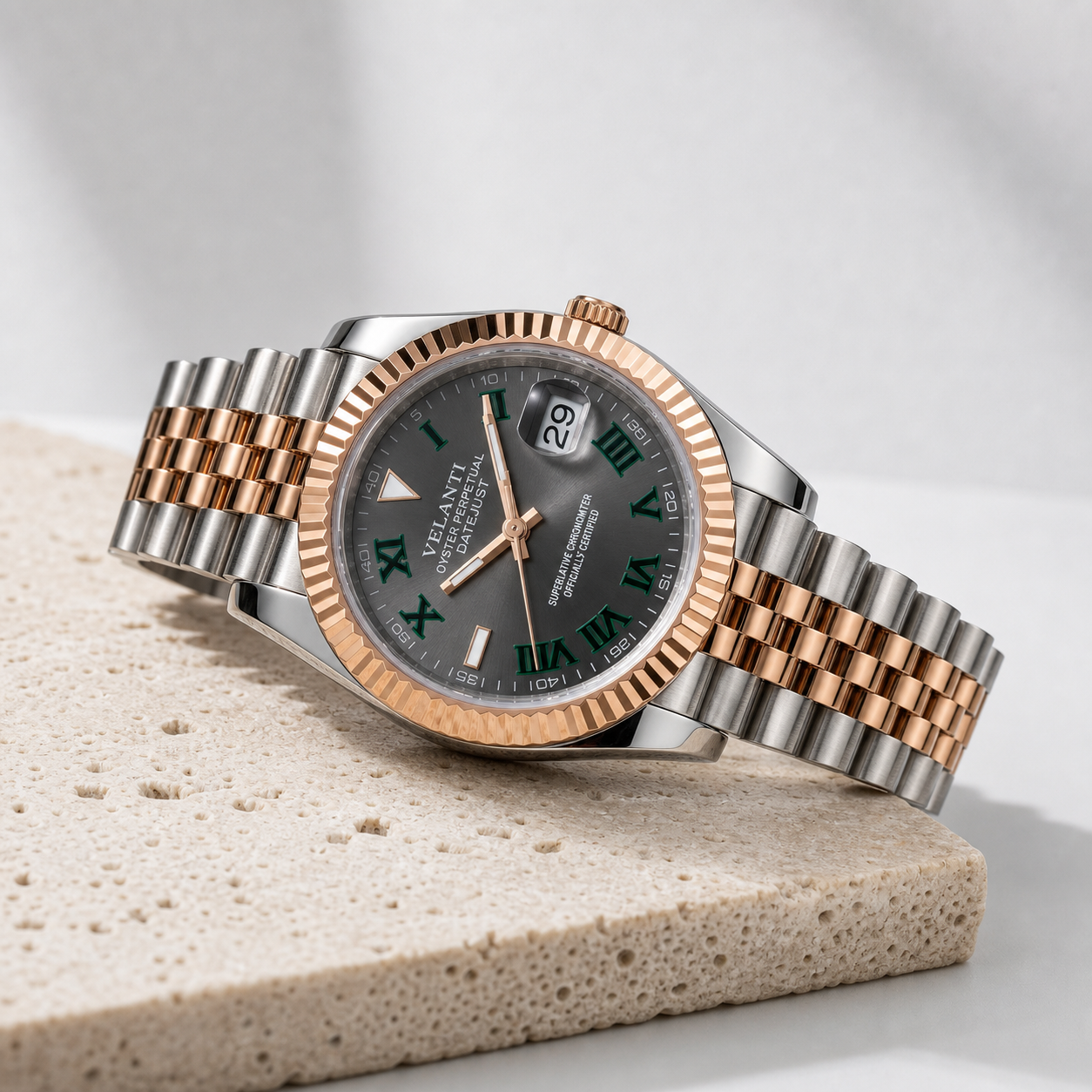 Datejust-style custom mod watch, Velanti Milano Veljust Wimbledon Two Tone, angled product photo