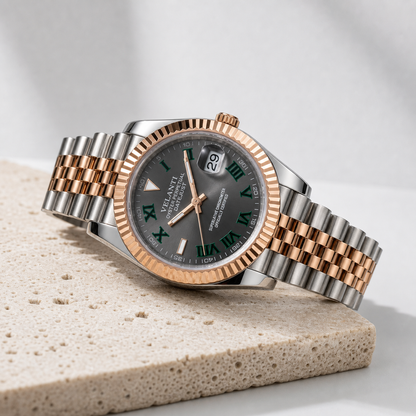 Datejust-style custom mod watch, Velanti Milano Veljust Wimbledon Two Tone, angled product photo