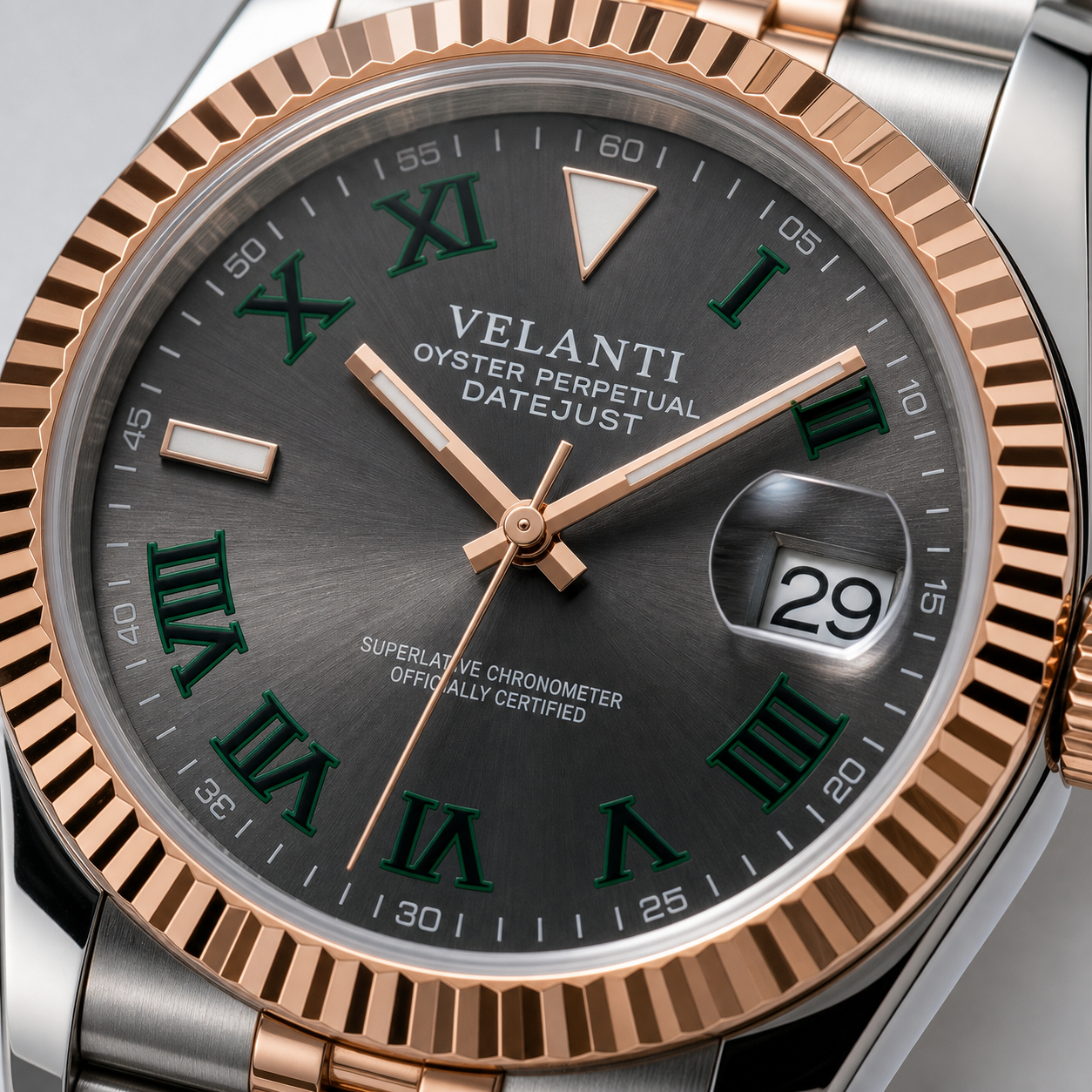 Datejust-style custom automatic watch, Velanti Milano Veljust Wimbledon Two Tone, dial close-up