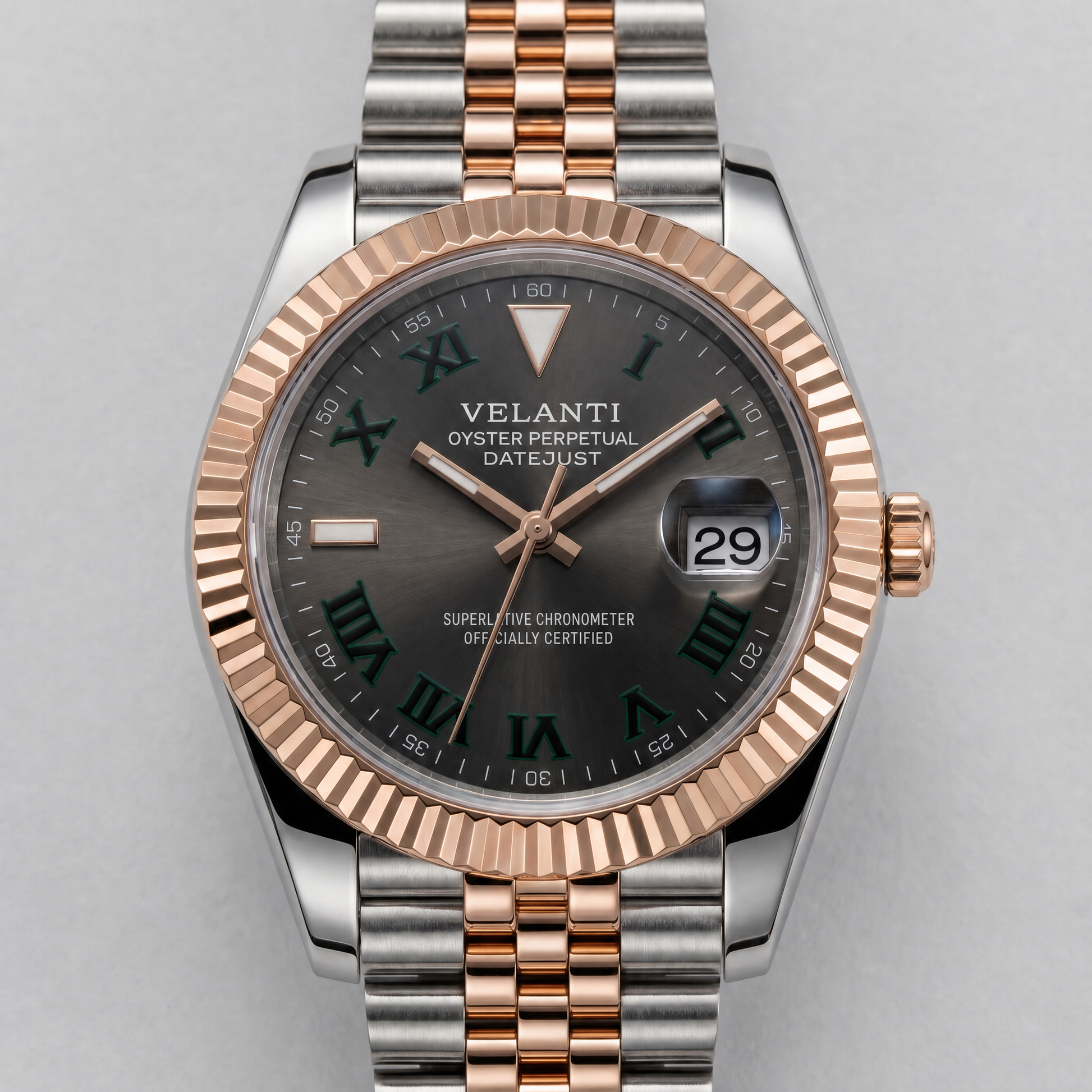 Datejust-style custom automatic watch, Velanti Milano Veljust Wimbledon Two Tone, watch detail photo 6
