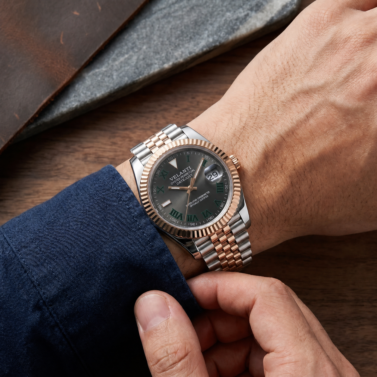 Datejust-style custom mod watch, Velanti Milano Veljust Wimbledon Two Tone worn on wrist photo 8