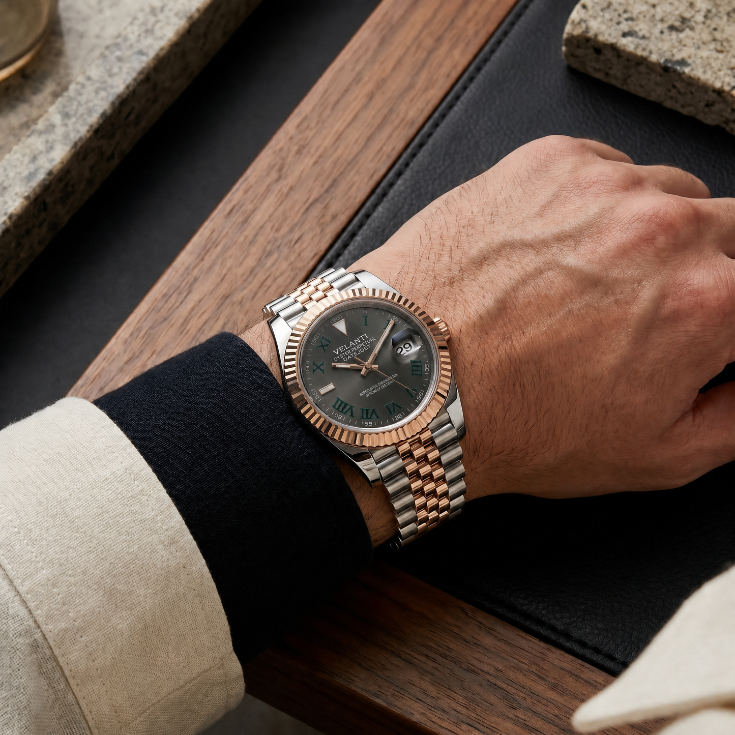 Datejust-style custom mod watch, Velanti Milano Veljust Wimbledon Two Tone worn on wrist photo 12
