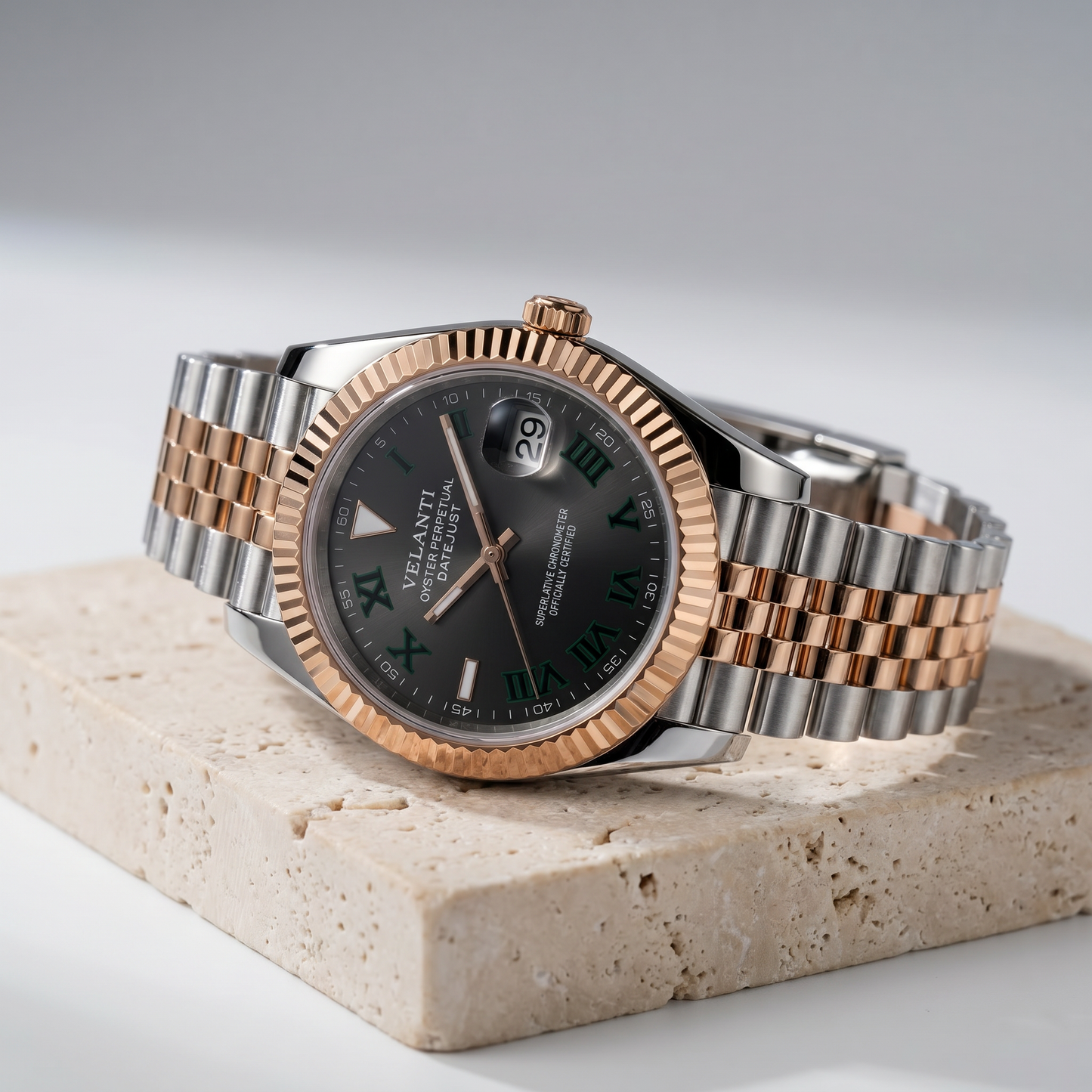 Datejust-style custom mod watch, Velanti Milano Veljust Wimbledon Two Tone, product photo 11