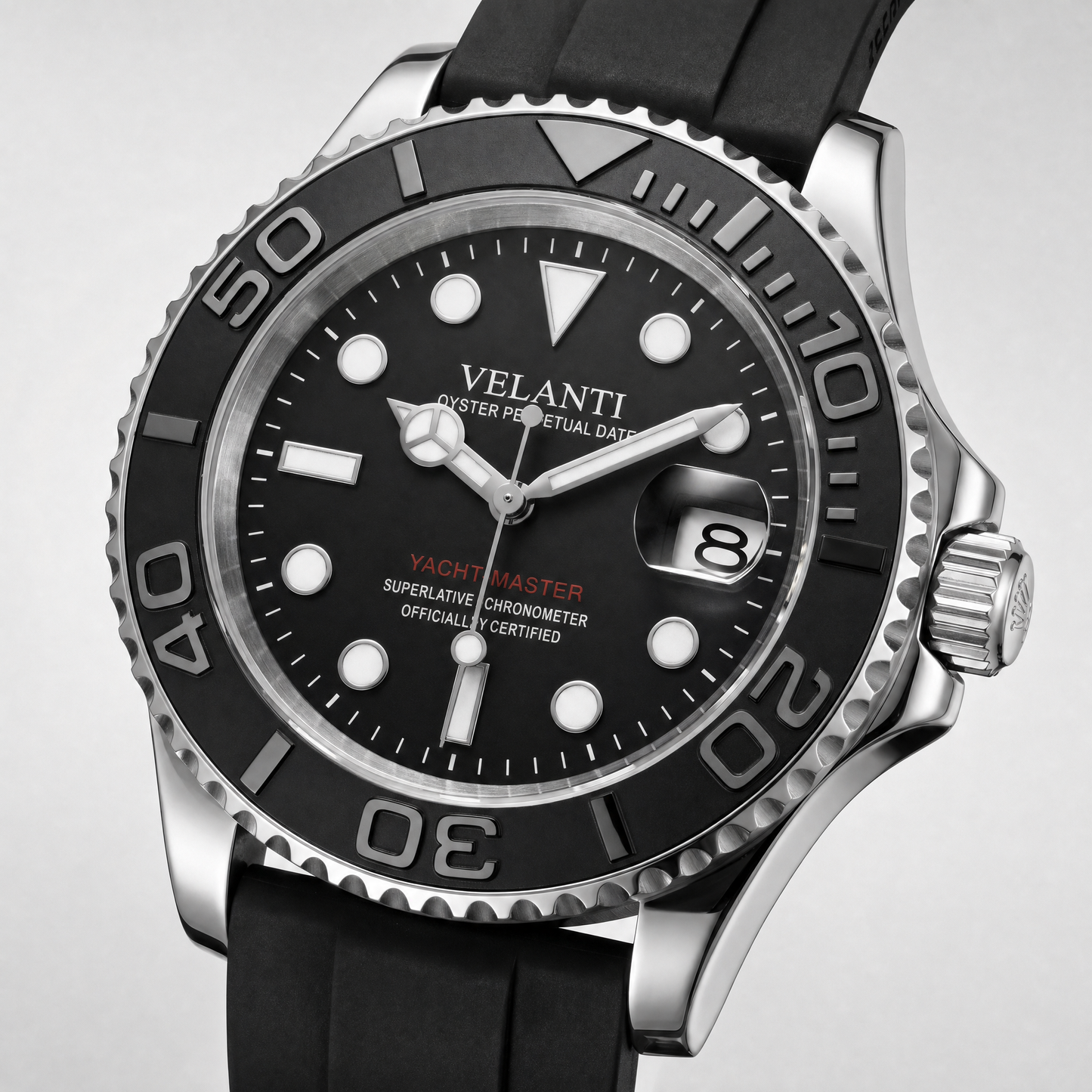 Submariner-style custom automatic watch, Velanti Milano Velmariner Yacht-Master Black, watch detail photo 4