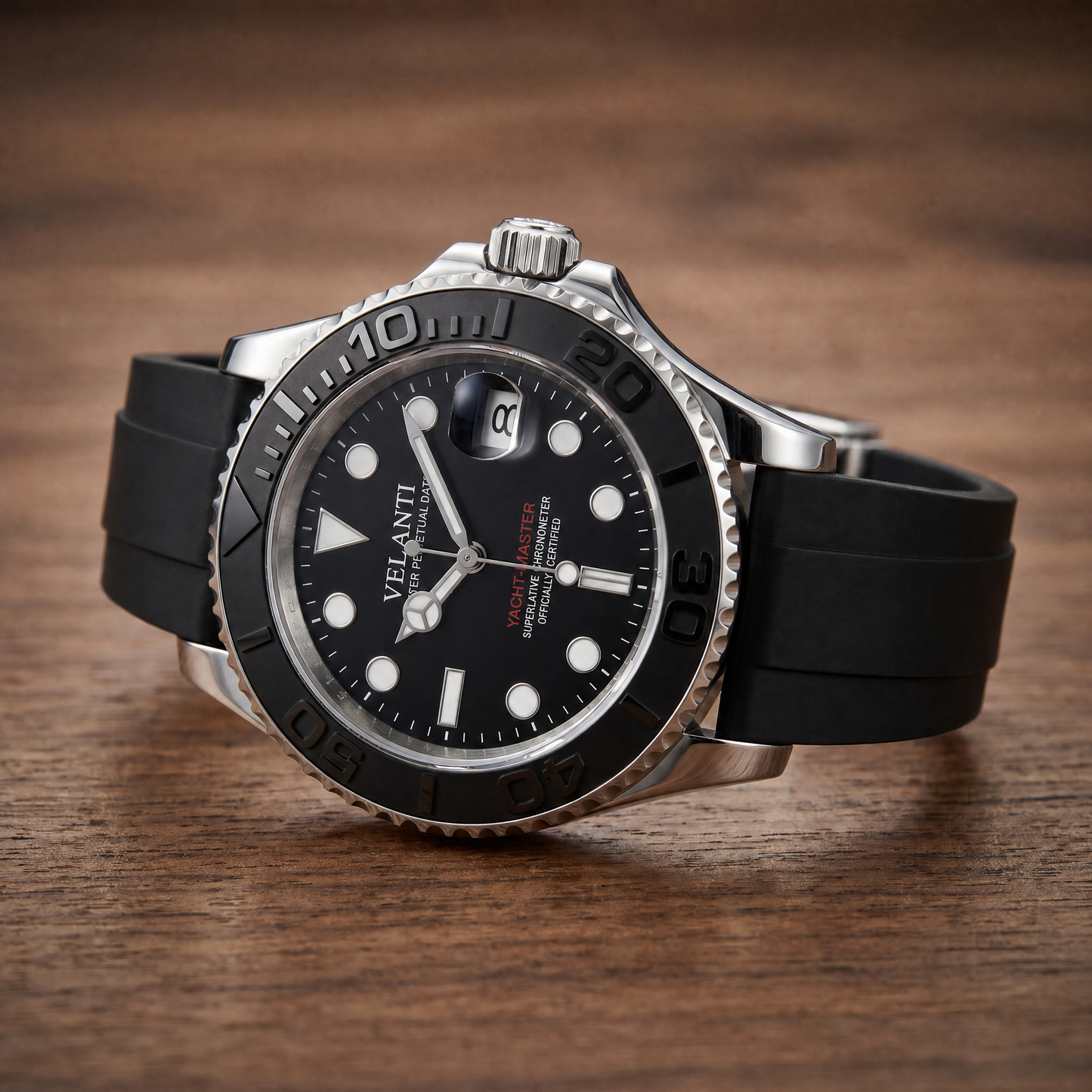 Submariner-style custom automatic watch, Velanti Milano Velmariner Yacht-Master Black, watch detail photo 5