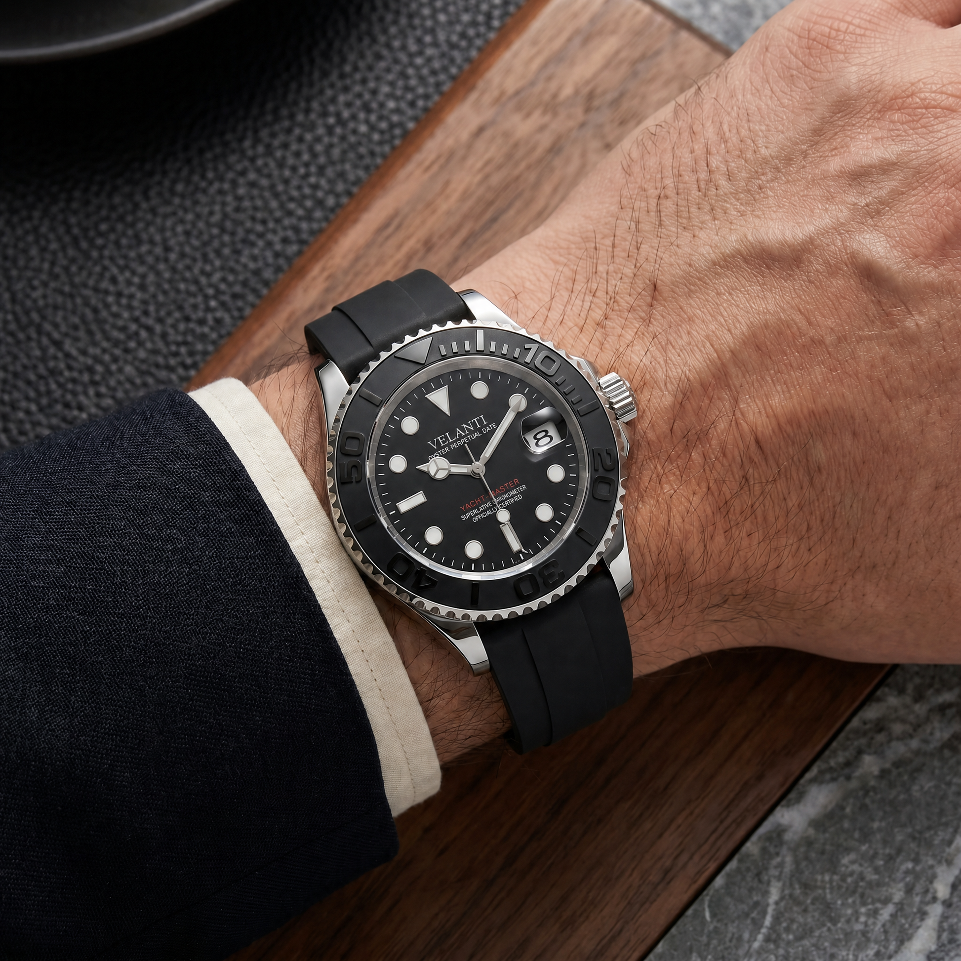 Submariner-style custom mod watch, Velanti Milano Velmariner Yacht-Master Black worn on wrist