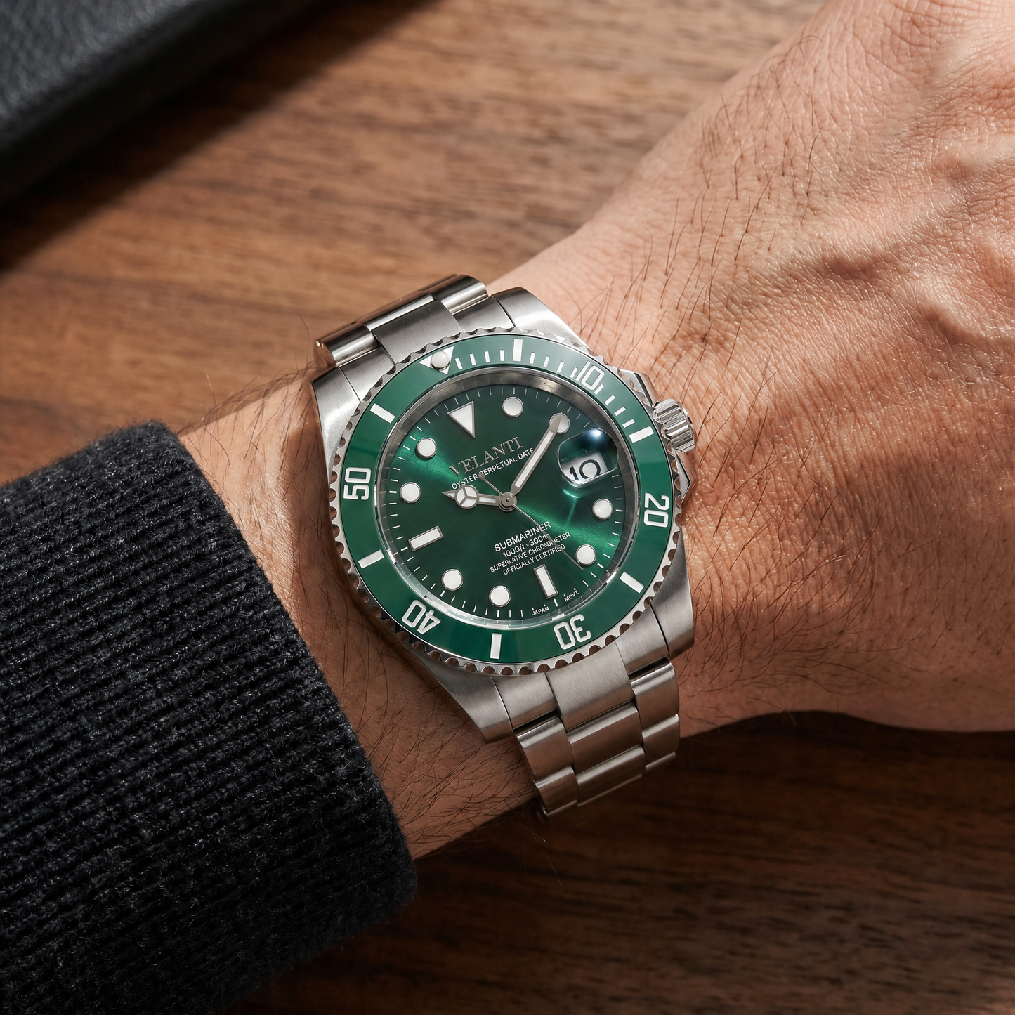 Submariner-style custom mod watch, Velanti Milano Velmariner Hulk worn on wrist photo 6