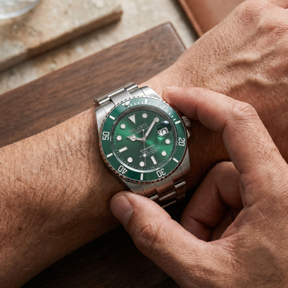 Submariner-style custom mod watch, Velanti Milano Velmariner Hulk worn on wrist photo 3