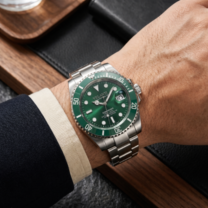 Submariner-style custom mod watch, Velanti Milano Velmariner Hulk worn on wrist photo 8