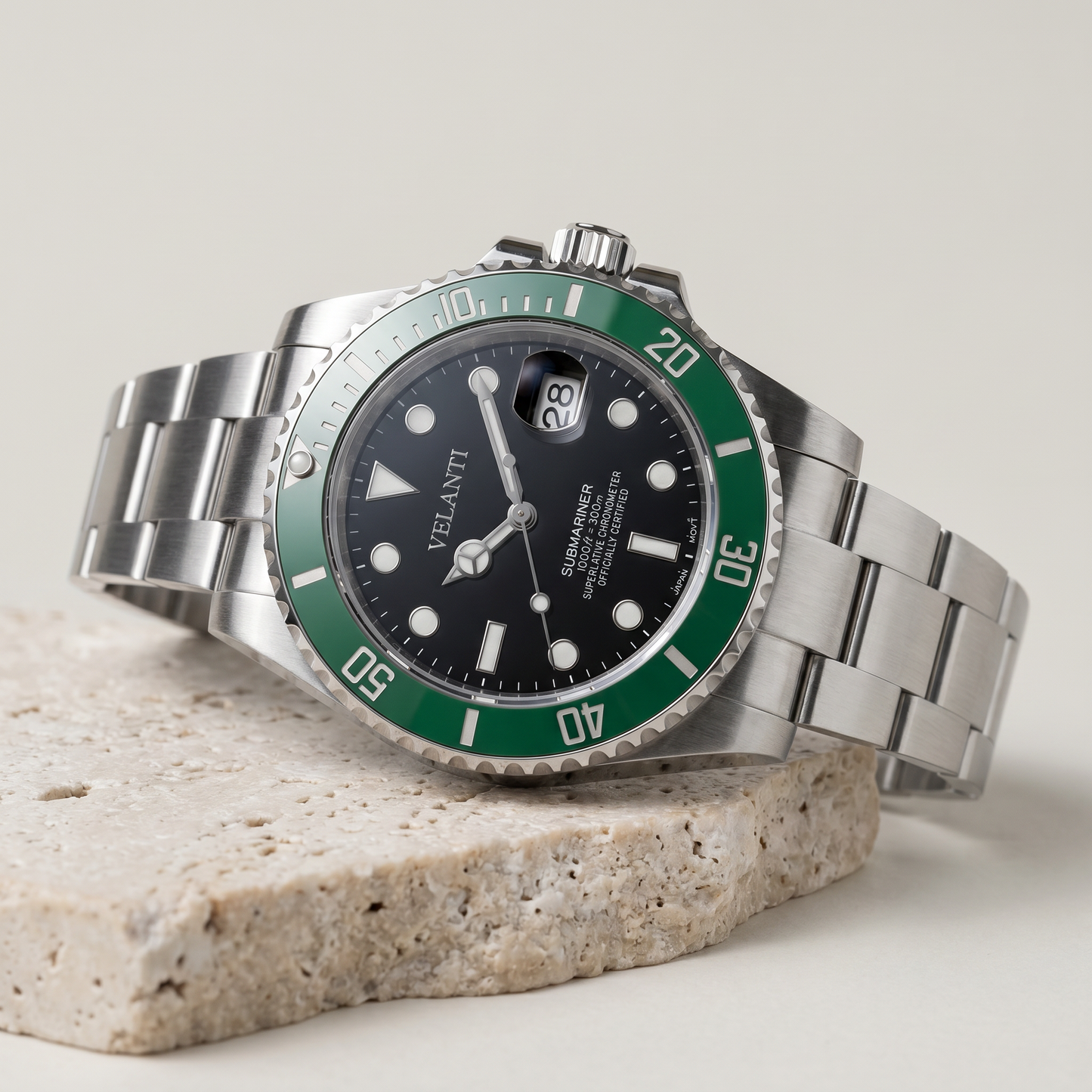 Submariner-style custom mod watch, Velanti Milano Velmariner Kermit, product photo 2