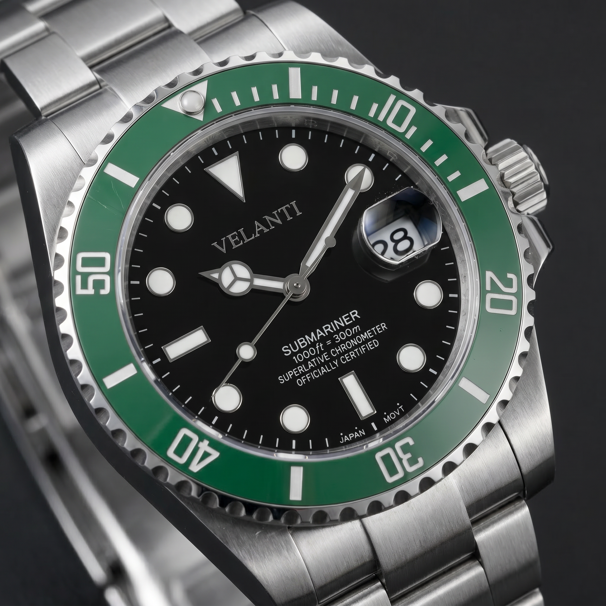 Submariner-style custom mod watch, Velanti Milano Velmariner Kermit, product photo 3