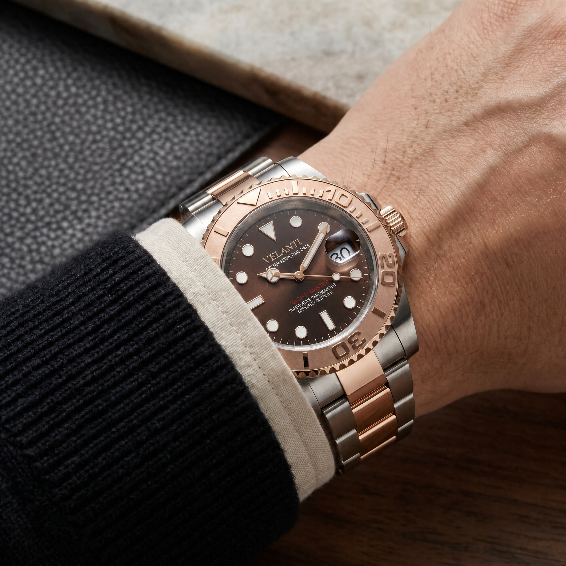 Submariner-style custom mod watch, Velanti Milano Velmariner Rose Gold, product photo 8