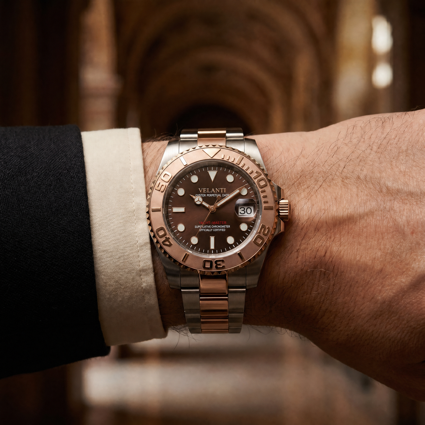 Submariner-style custom mod watch, Velanti Milano Velmariner Rose Gold, product photo 10