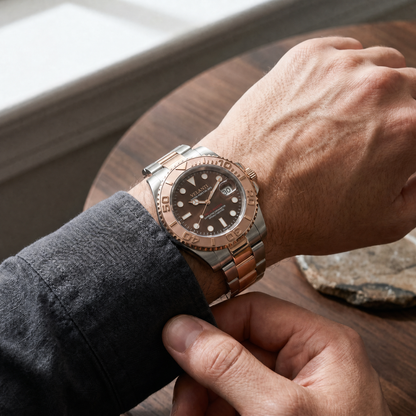 Submariner-style custom mod watch, Velanti Milano Velmariner Rose Gold worn on wrist photo 3