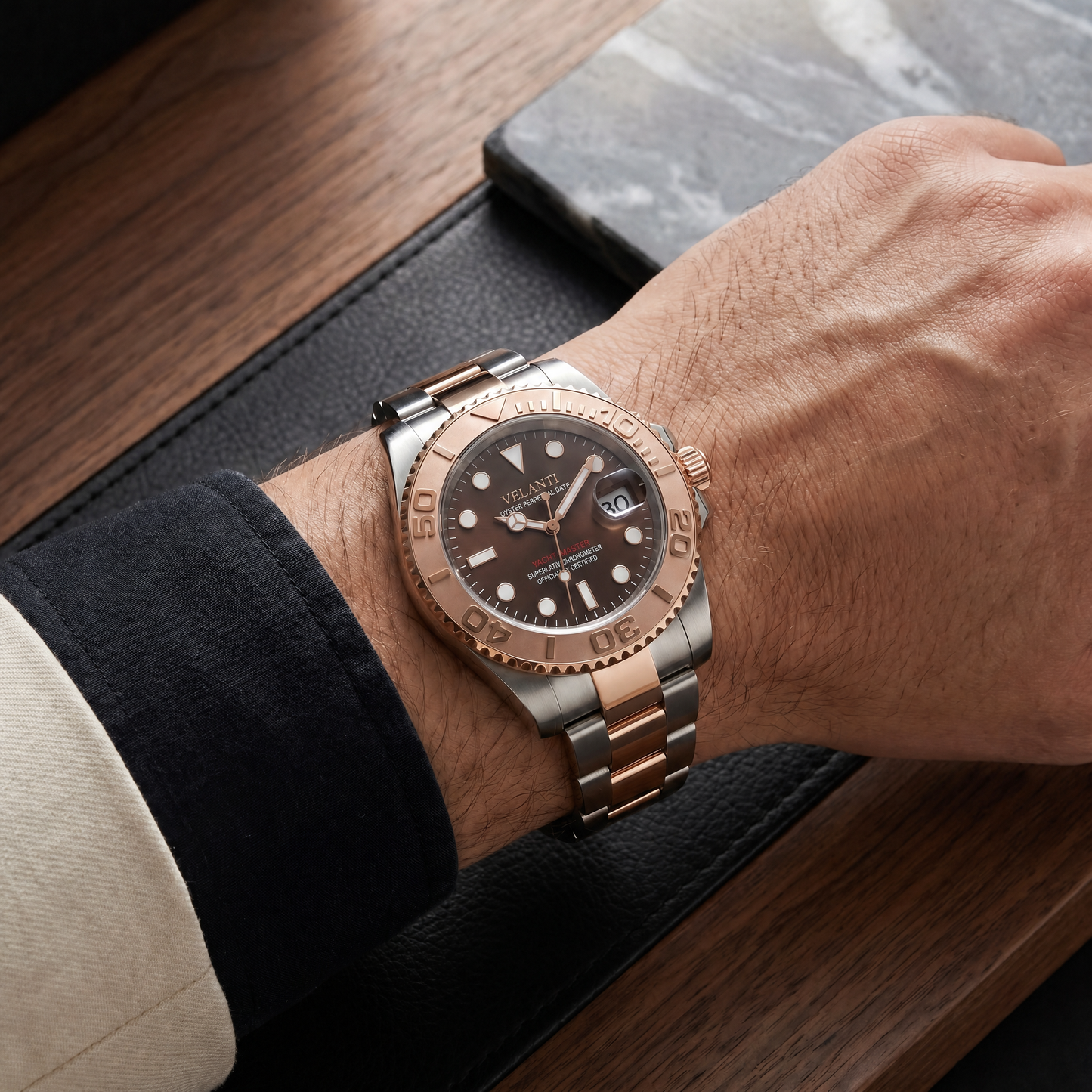 Submariner-style custom mod watch, Velanti Milano Velmariner Rose Gold worn on wrist photo 12