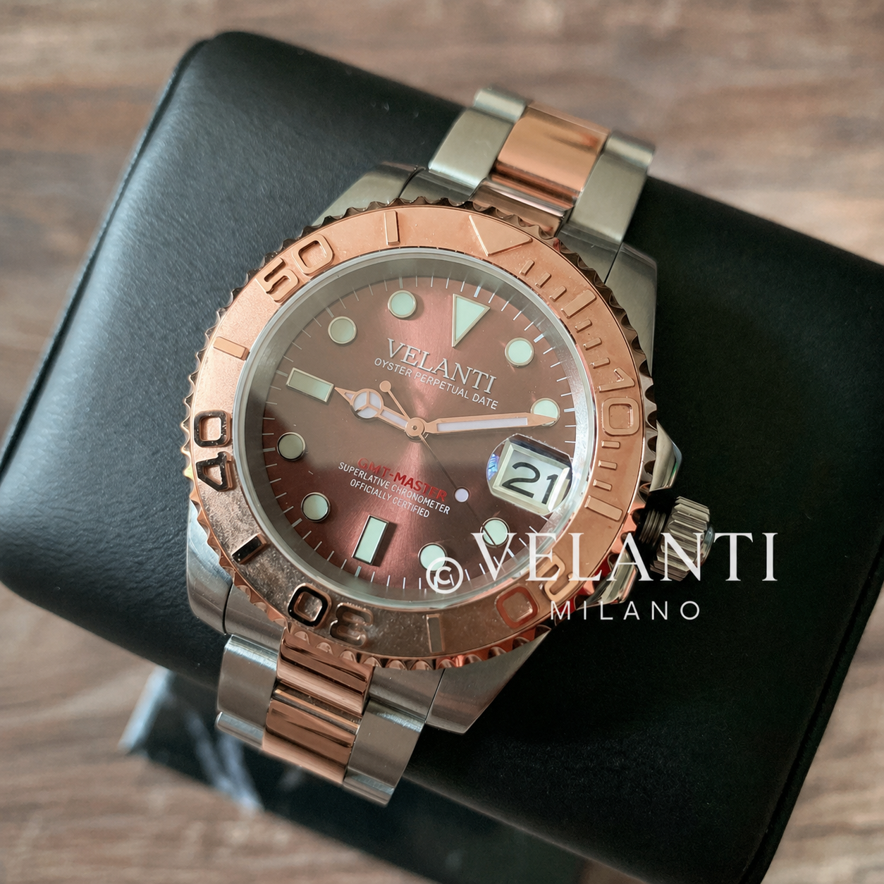 Submariner-style custom mod watch, Velanti Milano Velmariner Rose Gold, product photo 5