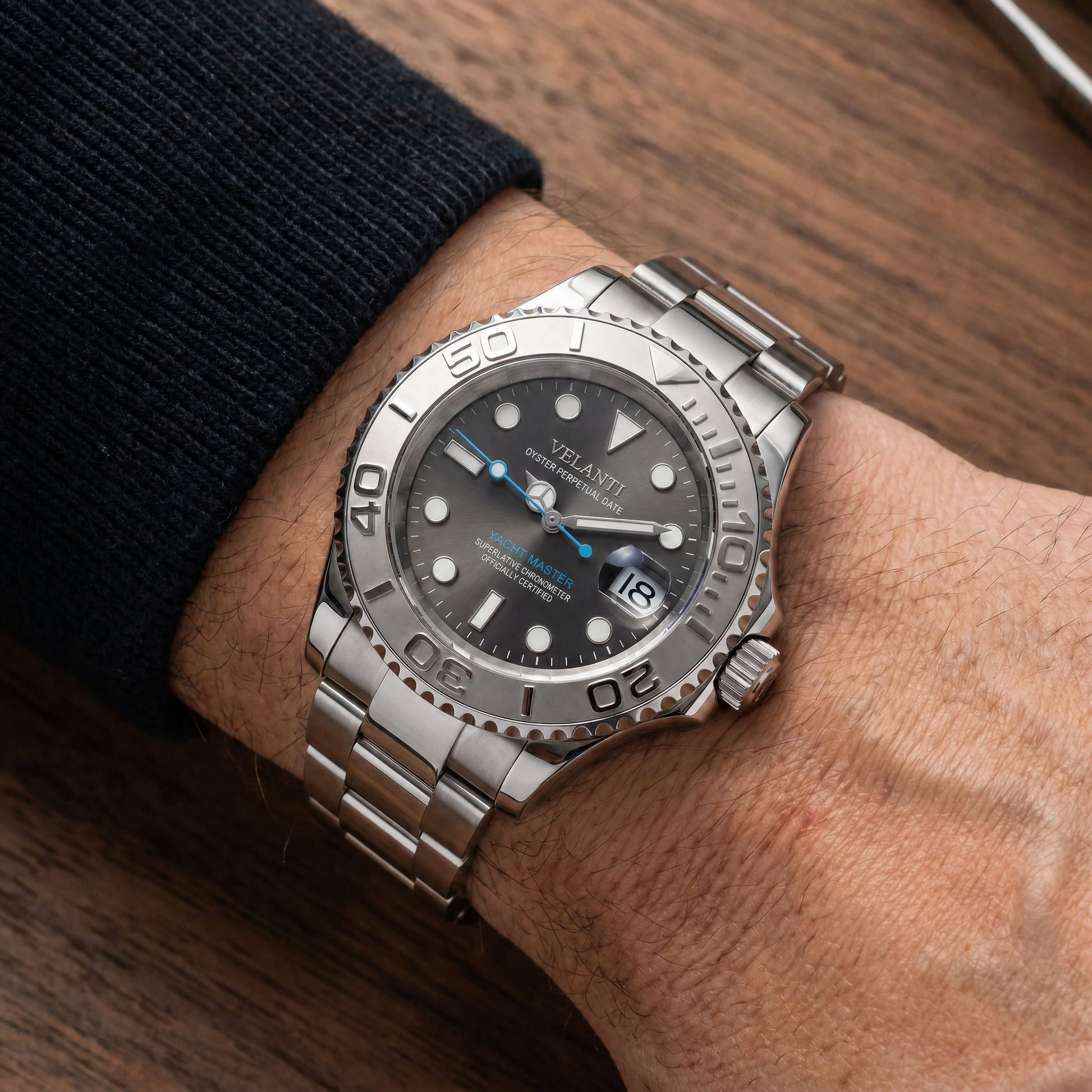 Submariner-style custom mod watch, Velanti Milano Velmariner Silver worn on wrist photo 9