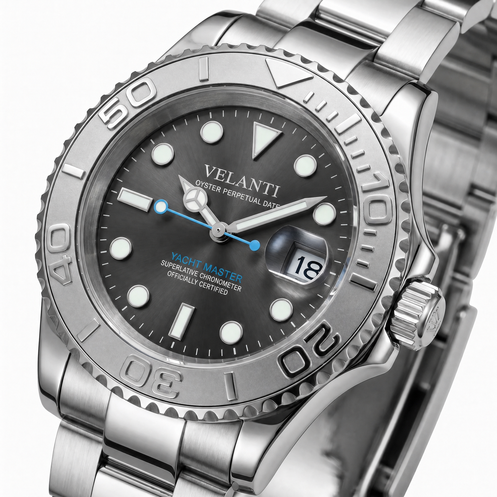 Submariner-style custom automatic watch, Velanti Milano Velmariner Silver, watch detail photo 11